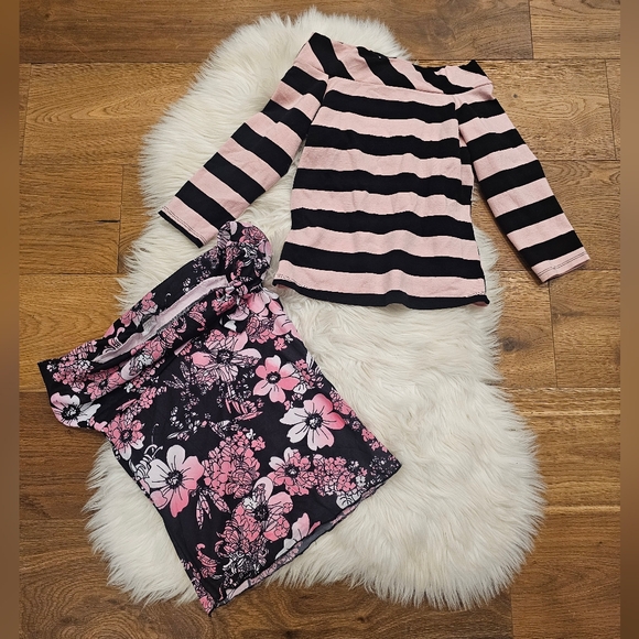 Can't Miss Tops - Vintage Pink and Black Striped Top with Floral Skirt